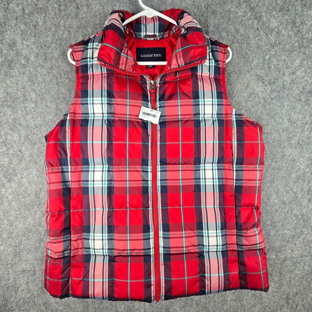 Lands' End Puffer Vest Women L 14-16 Red Plaid Down Fill Quilted Zip Front NWT